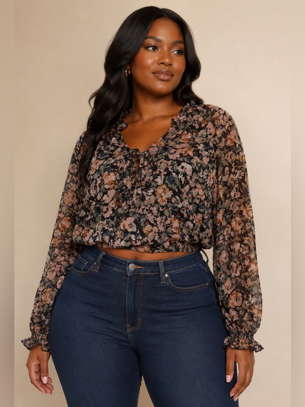 American Eagle Floral Lace-Up Cropped Blouse Long Sleeve Women’s Small